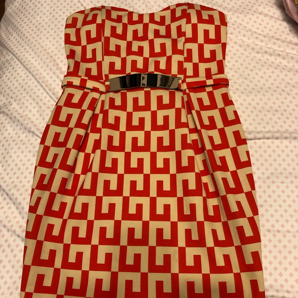 Red Orange and Cream Strapless Dress